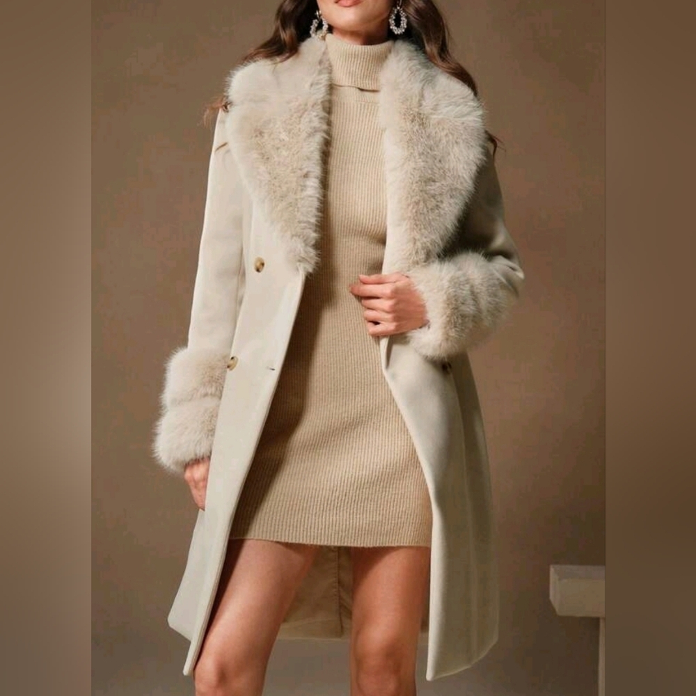 NEW Glam Faux Fur Borg Collar Double Breasted Tie Waist Jacket Coat Beige Cream - Picture 2 of 13